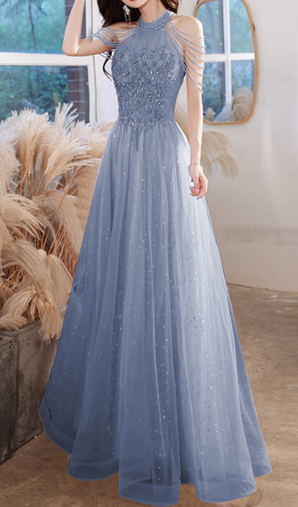 Cleon Halter Flower Sequin Maxi Dress