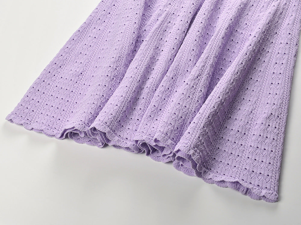 Chic Lilac Pointelle Knit Mini Polo Dress with Pearl Buttons