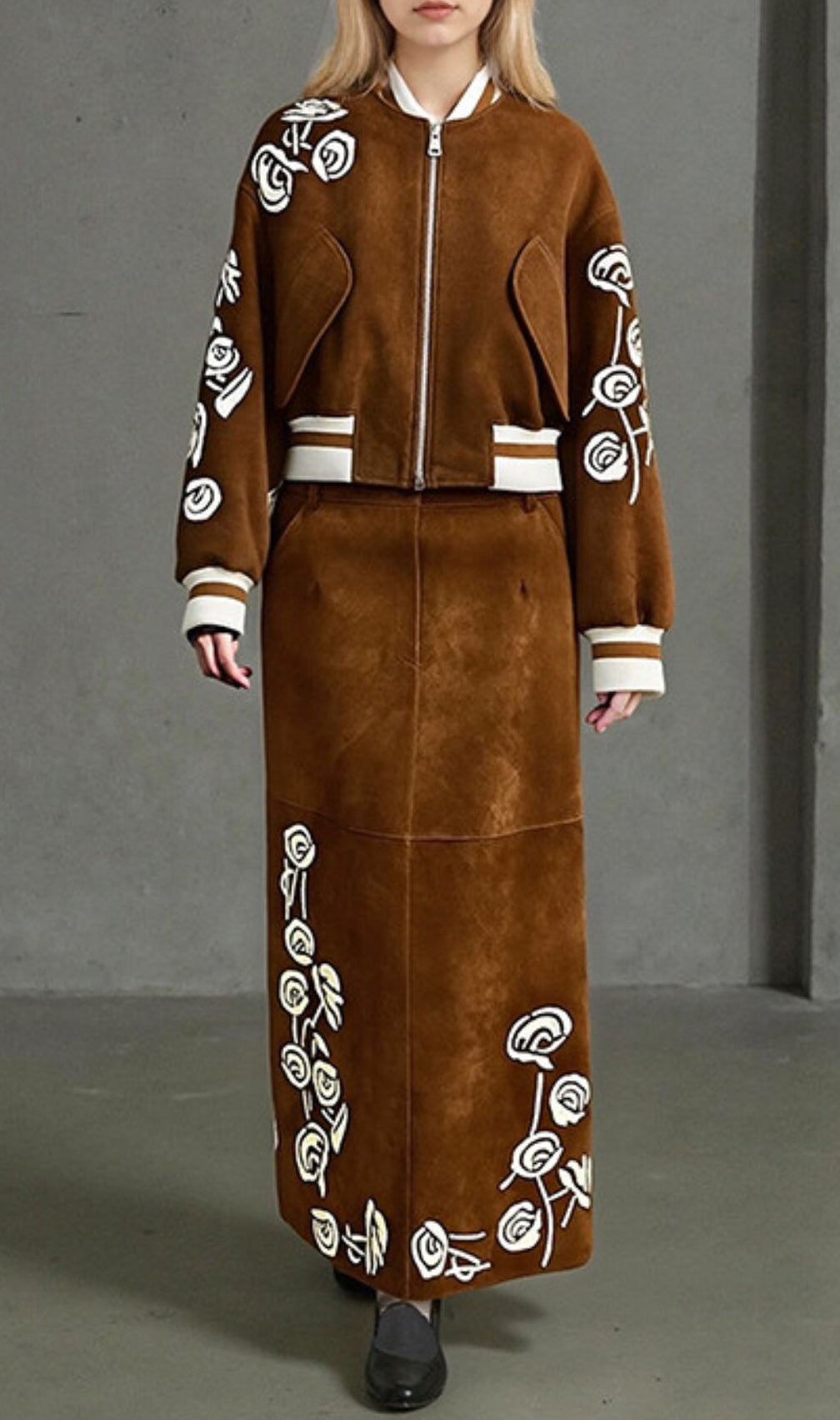 Huda Chic Brown Embroidered Faux Suede Bomber Jacket & Midi Skirt Set