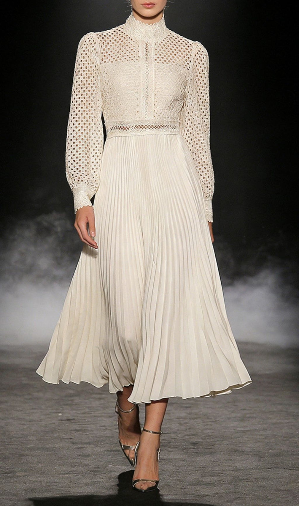 Kally Elegant Lace & Pleated Long Sleeve Midi Dress - Sophisticated Modesty