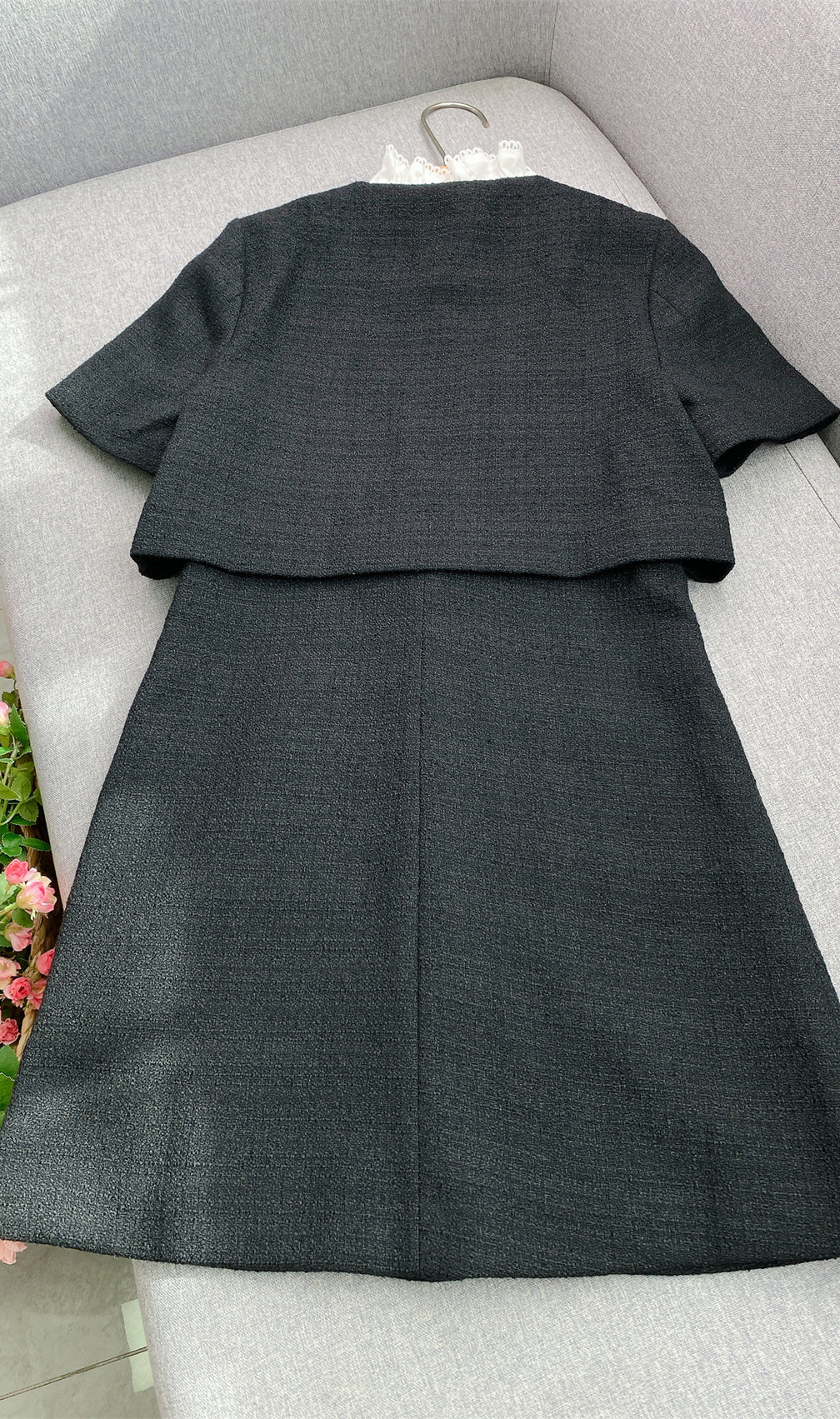 Elegant Black Tweed-Style Mini Dress | Removable Lace Collar & Gold Buttons