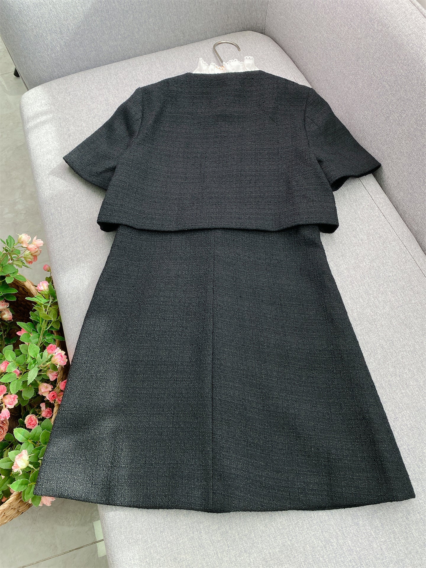 Elegant Black Tweed-Style Mini Dress | Removable Lace Collar & Gold Buttons