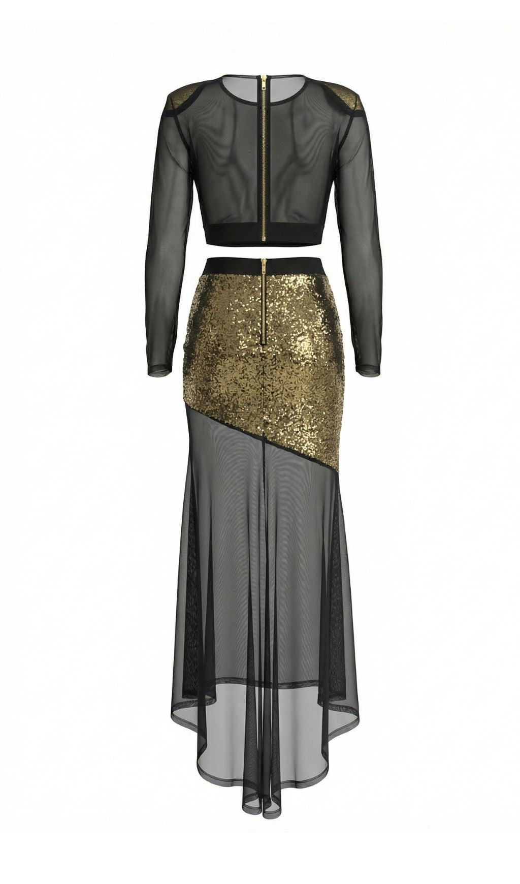 Jaivan Glam Gold Sequin Crop Top & Sheer Mesh Maxi Skirt Set