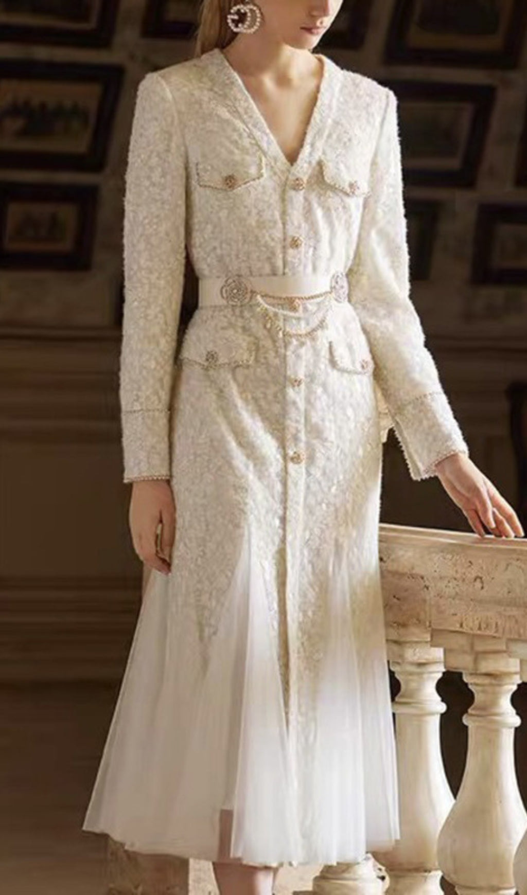 Beige Light Luxury Mesh Fishtail Lace Thickened Dress