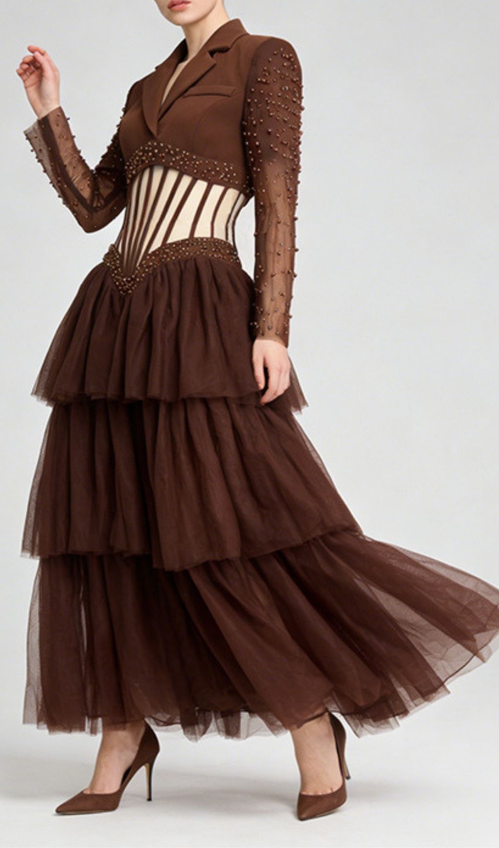 Kaysar Coffee Brown Beaded Corset Gown | Elegant Tiered Mesh Maxi Dress