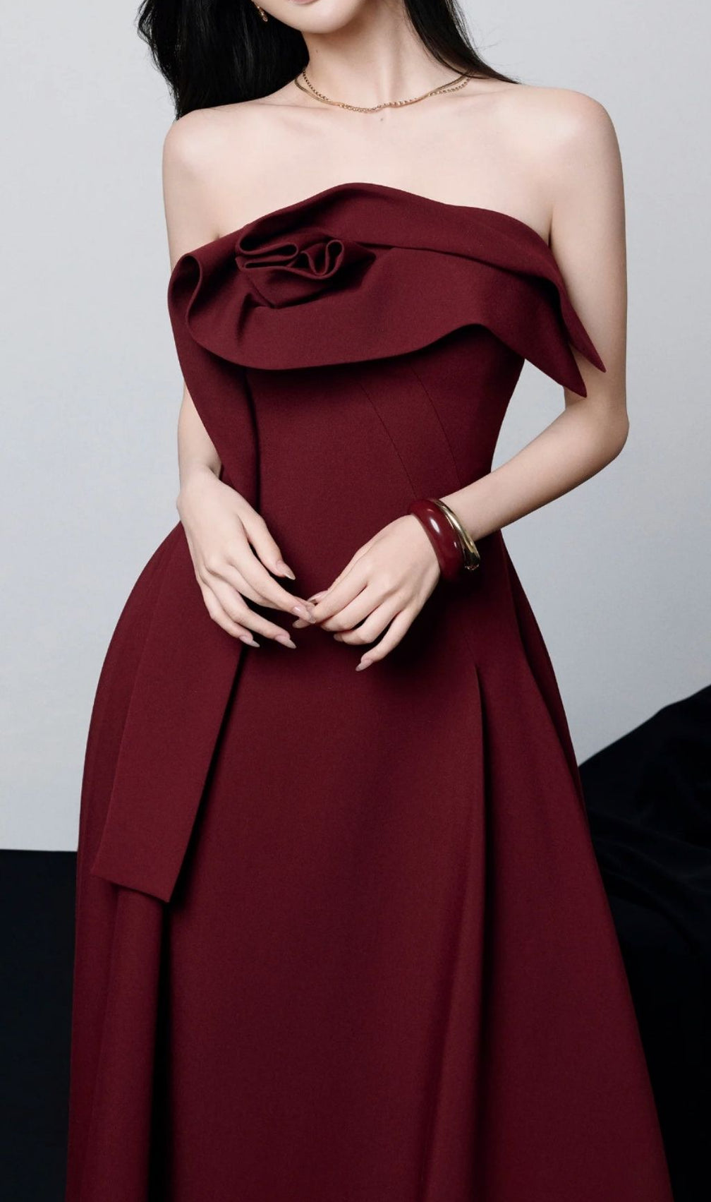 Kesia Radiant Red Draped Strapless Midi Dress - Elegant Asymmetric Hem