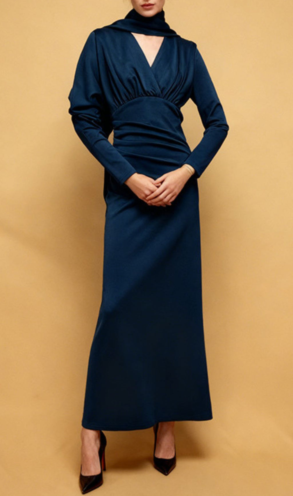 Jaana Elegant V-Neck Satin Long Sleeve Maxi Dress - Luxe Evening Gown