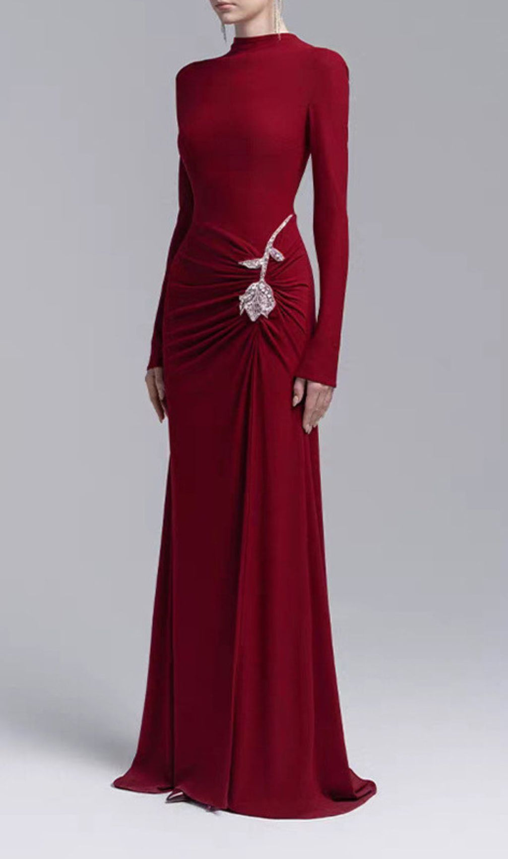 Elegant Merlot Ruched Long Sleeve Maxi Dress with Crystal Flower Embellishment