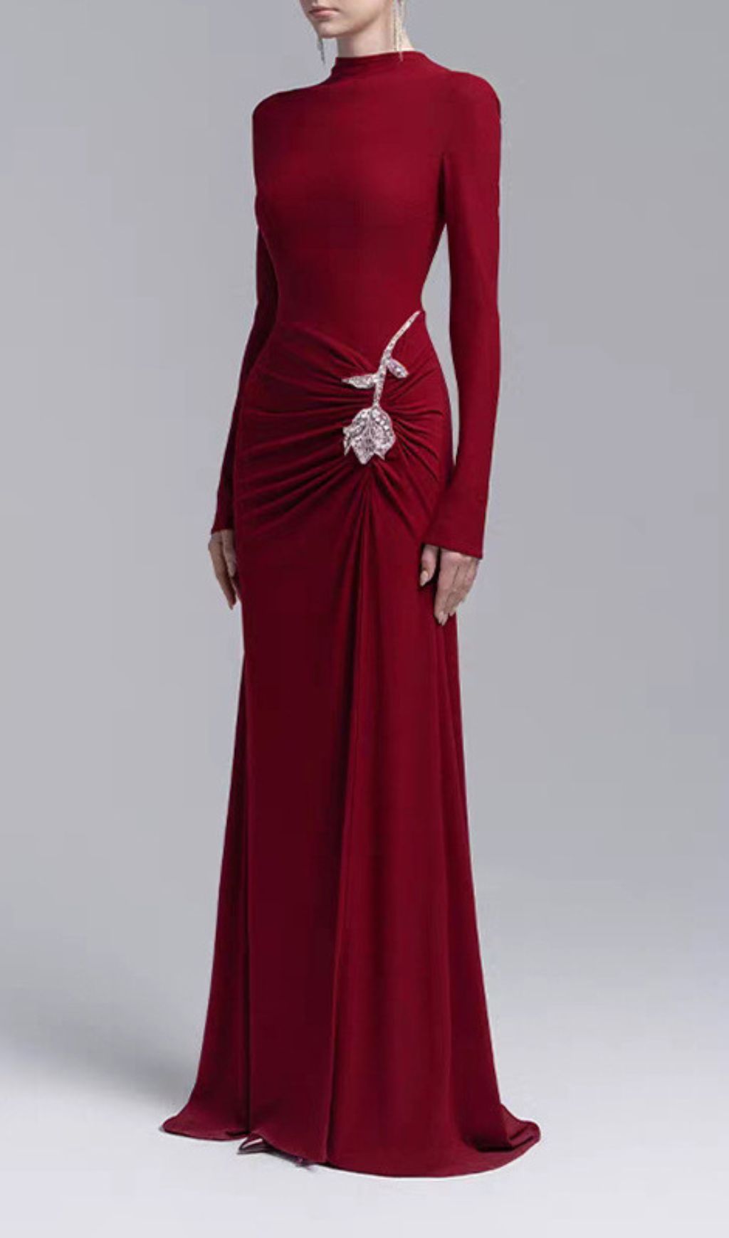 Elegant Merlot Ruched Long Sleeve Maxi Dress with Crystal Flower Embellishment