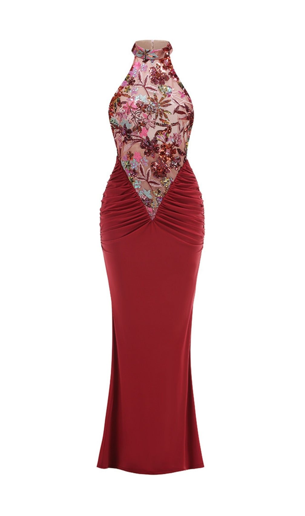Dusha Red Halter Flower Ruched Maxi Dress