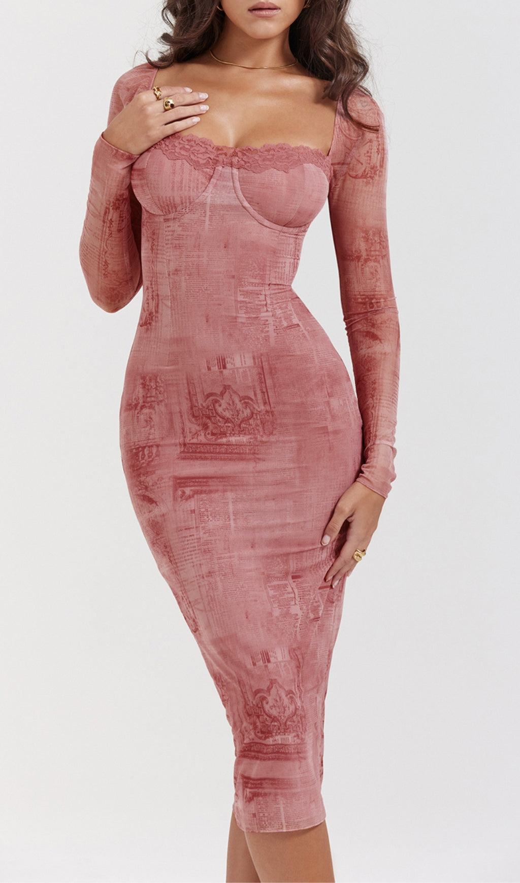 Printed Lace Up Midi Dress In Pink