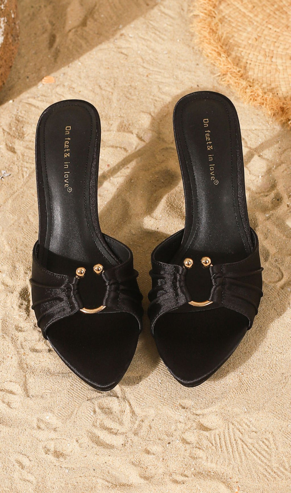 Haydn Black Pointed-Toe Mules | Chic Satin Slides with Gold Accent - On feet & in love®