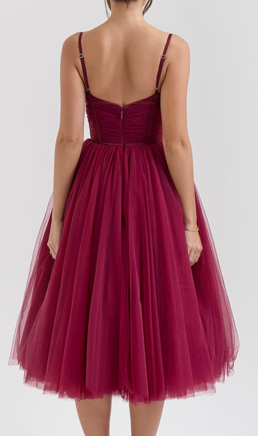 Diellza Wine Mesh Midi Dress