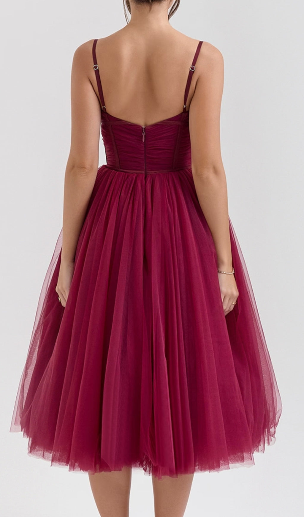 Diellza Wine Mesh Midi Dress