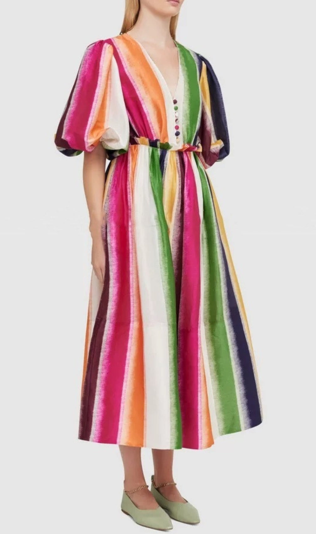 Erix Colorful Puff-Sleeve Midi Dress