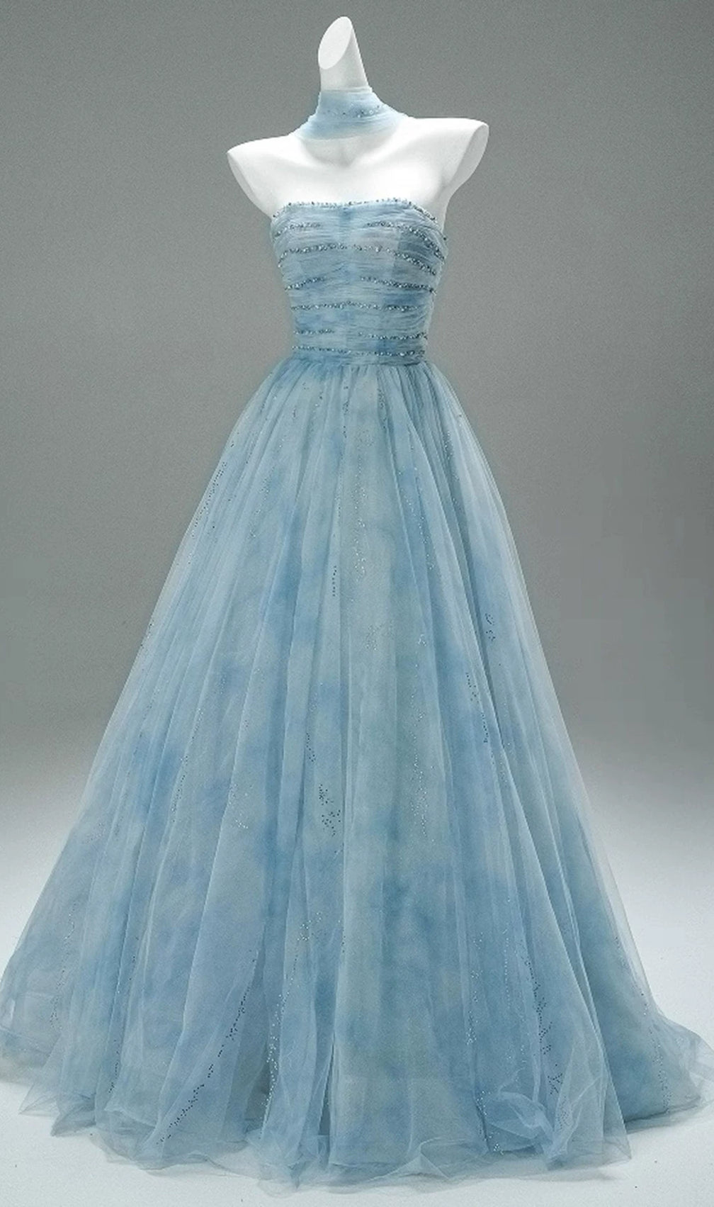 Kendi Sky Blue Embellished Strapless Tulle Gown with Choker | Dreamy Formal Maxi Dress