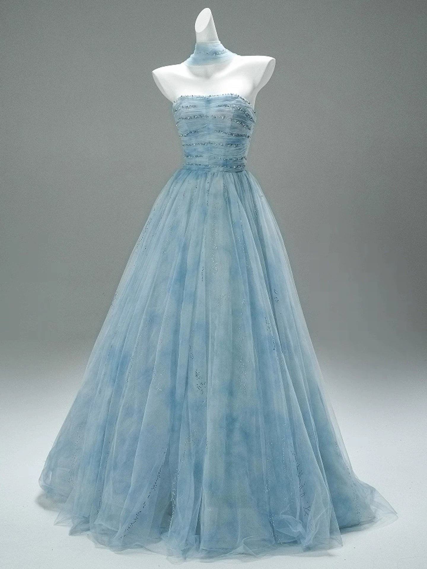 Kendi Sky Blue Embellished Strapless Tulle Gown with Choker | Dreamy Formal Maxi Dress