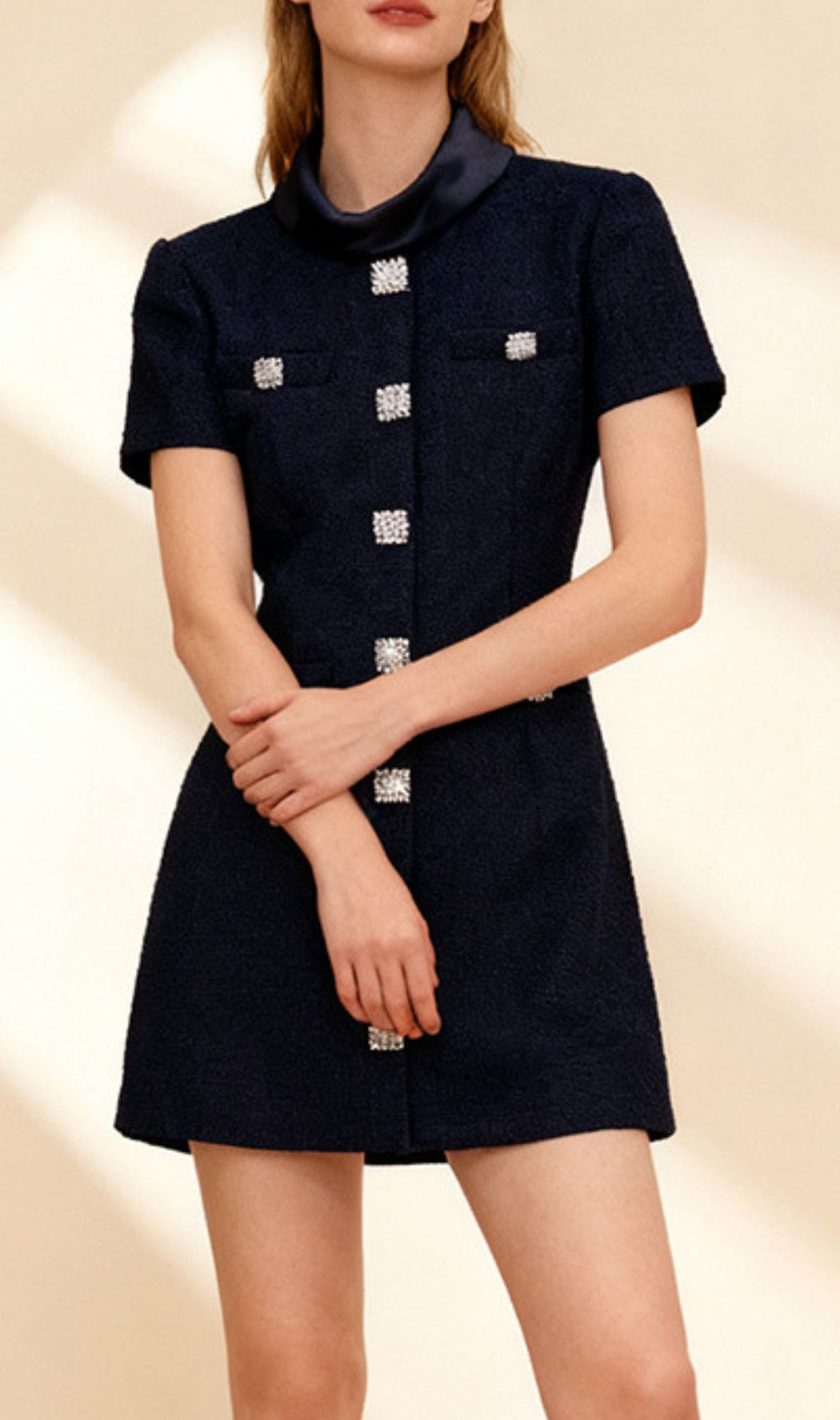 Ildri Black Tweed Mini Dress | Embellished Button-Front | Chic & Versatile