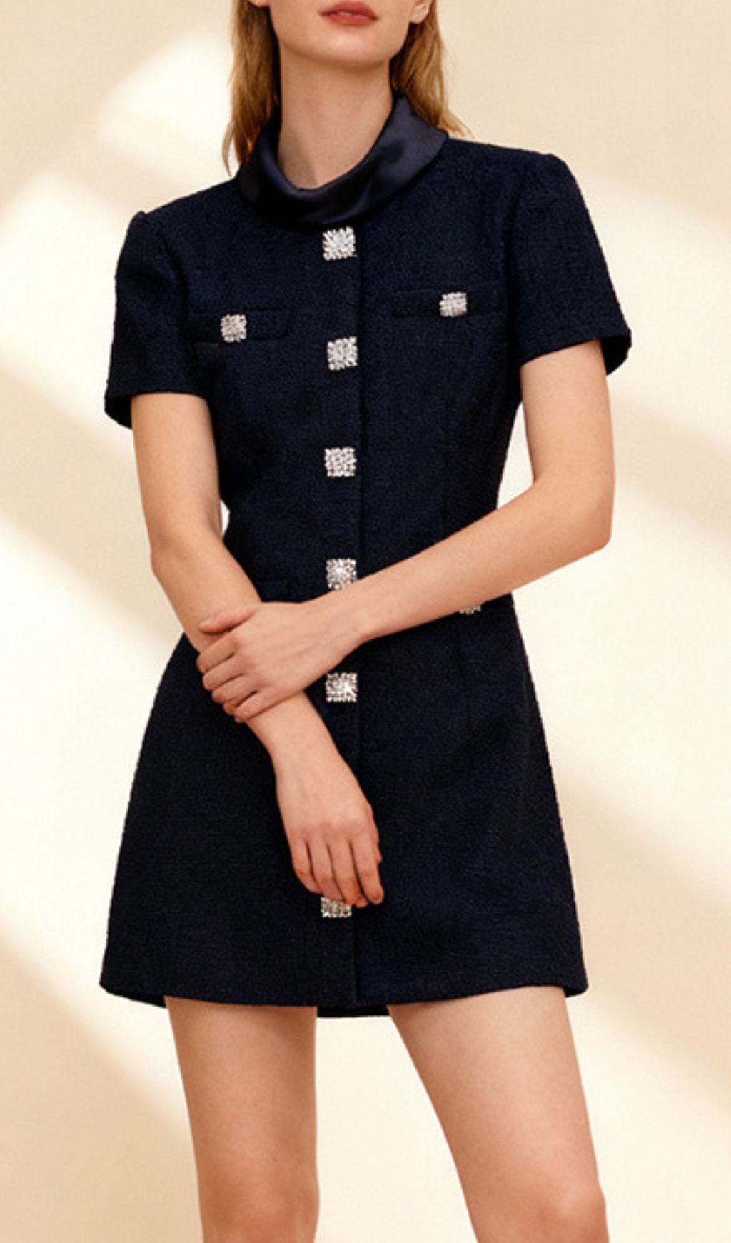 Ildri Black Tweed Mini Dress | Embellished Button-Front | Chic & Versatile