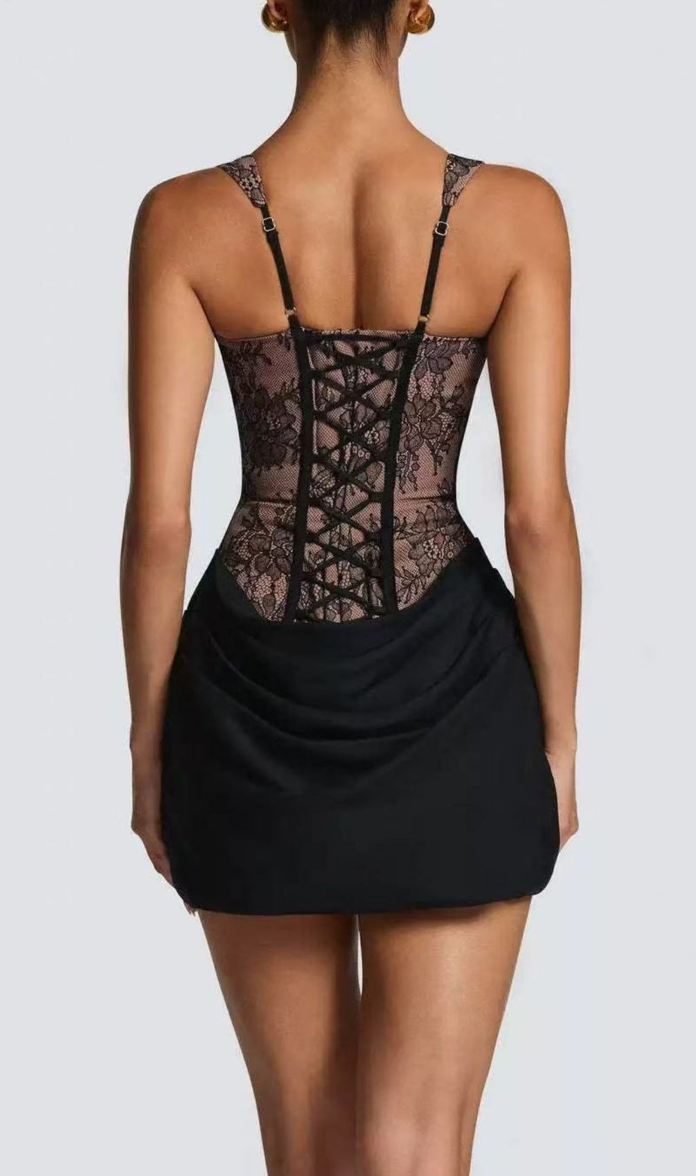 Katty Romantic Black Lace Corset Mini Dress | Strappy Bodycon Party Dress for Women