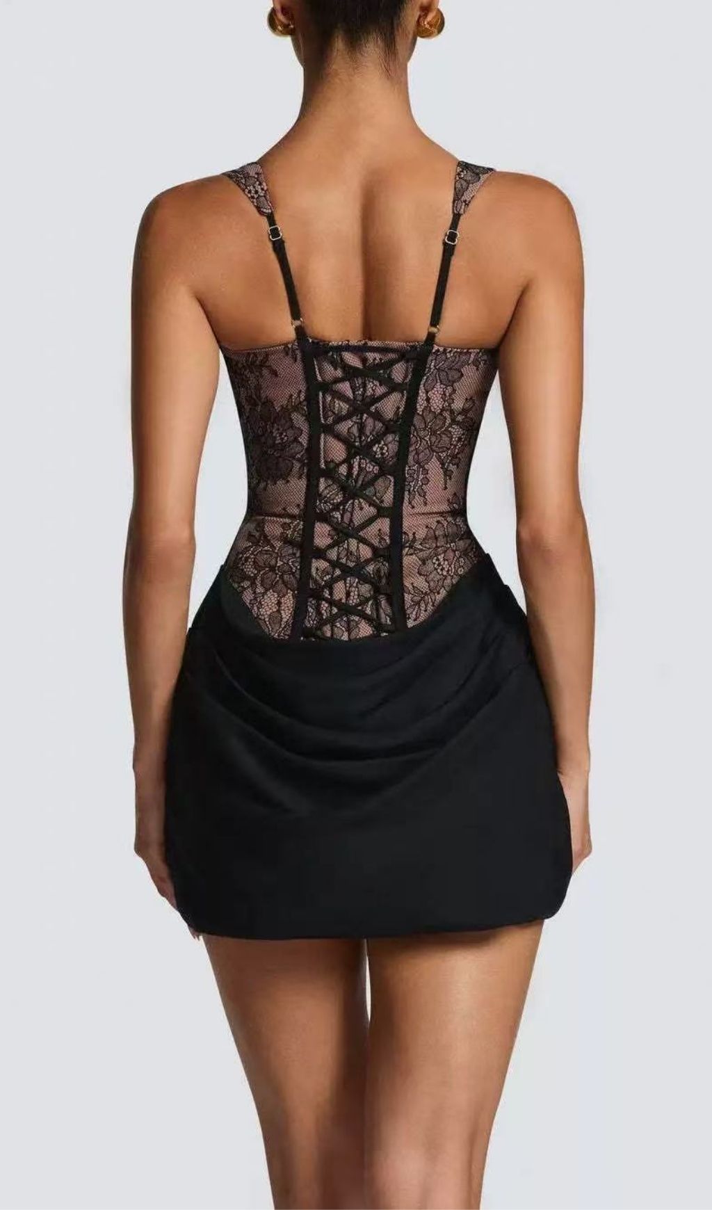 Katty Romantic Black Lace Corset Mini Dress | Strappy Bodycon Party Dress for Women