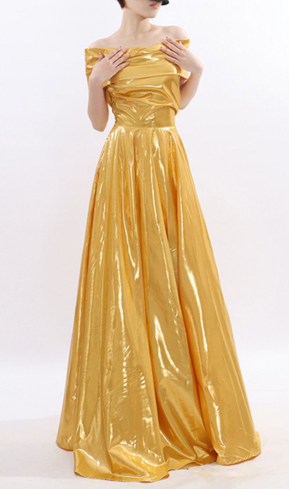 Kaliska Luminous Gold Off-Shoulder Maxi Gown - Red Carpet Glamour