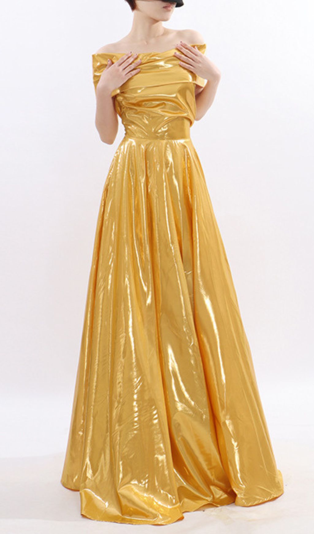 Kaliska Luminous Gold Off-Shoulder Maxi Gown - Red Carpet Glamour