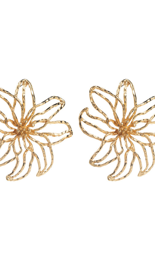 Juji Gold Abstract Floral Statement Earrings | Modern Wire Flower Design