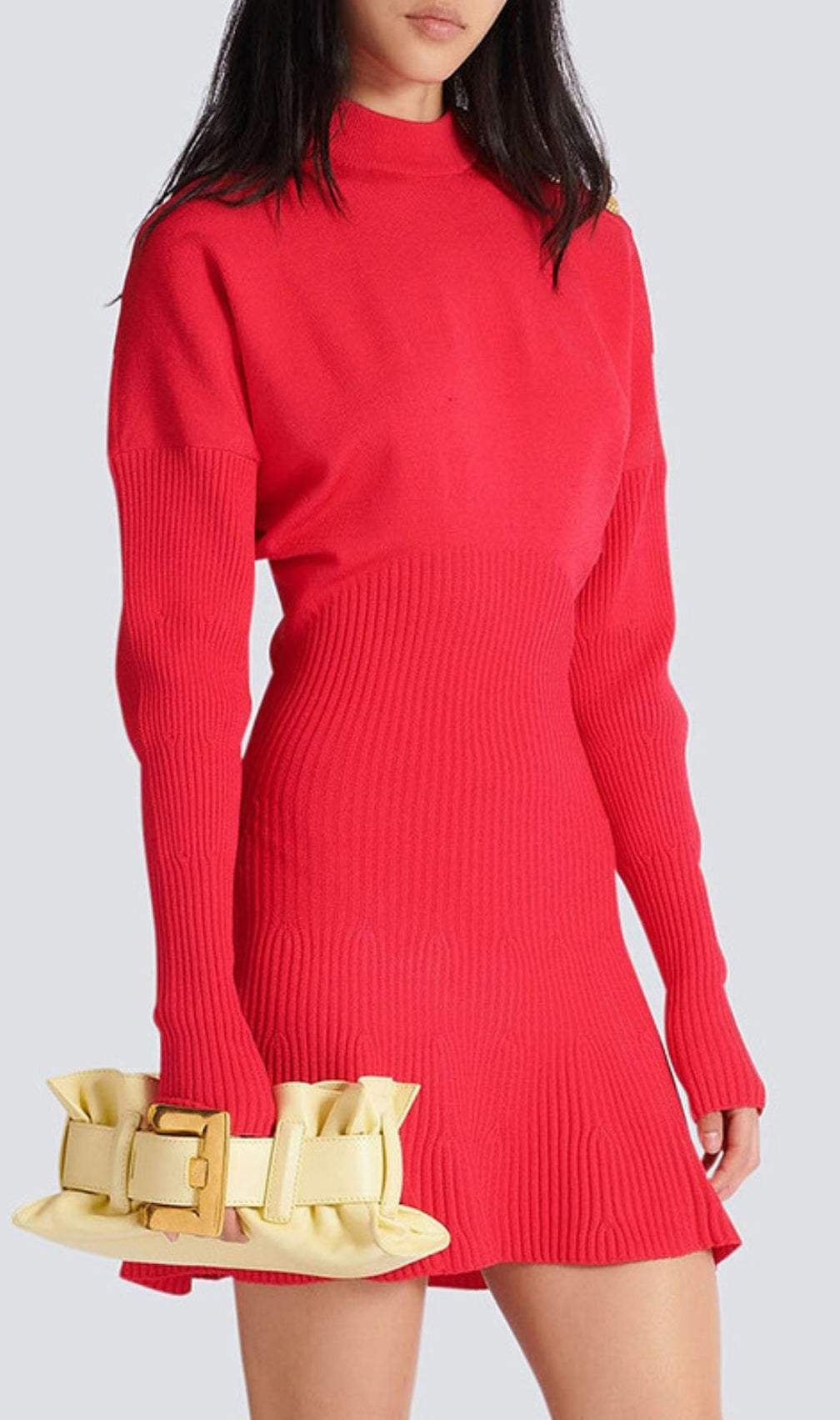 Kamryn Chic Red Ribbed Knit Mini Dress | Gold Button Long Sleeve