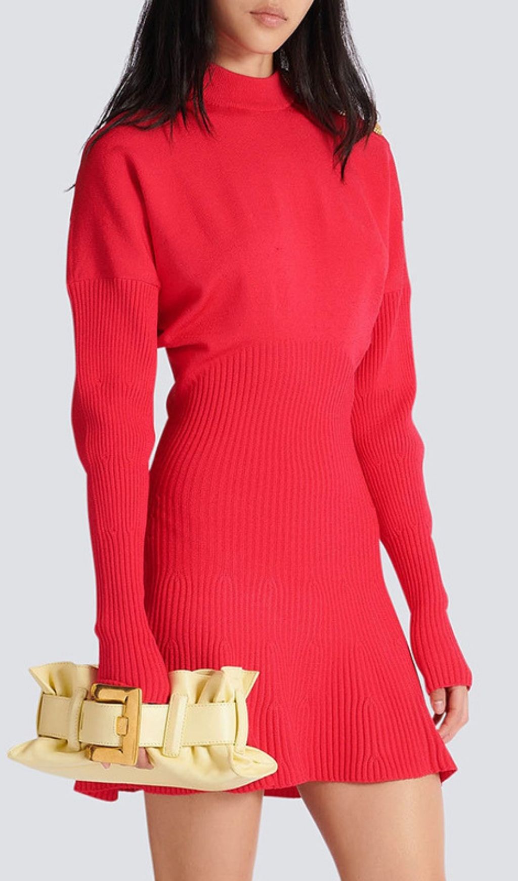 Kamryn Chic Red Ribbed Knit Mini Dress | Gold Button Long Sleeve