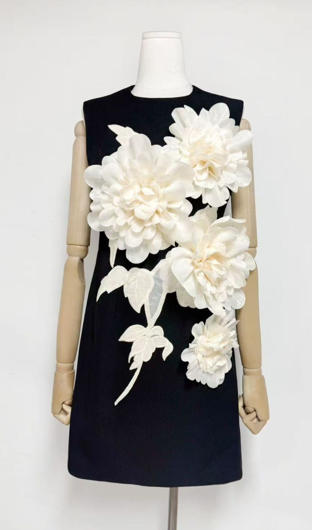 Jocasta Elegant Black Mini Dress with 3D Floral Appliqué