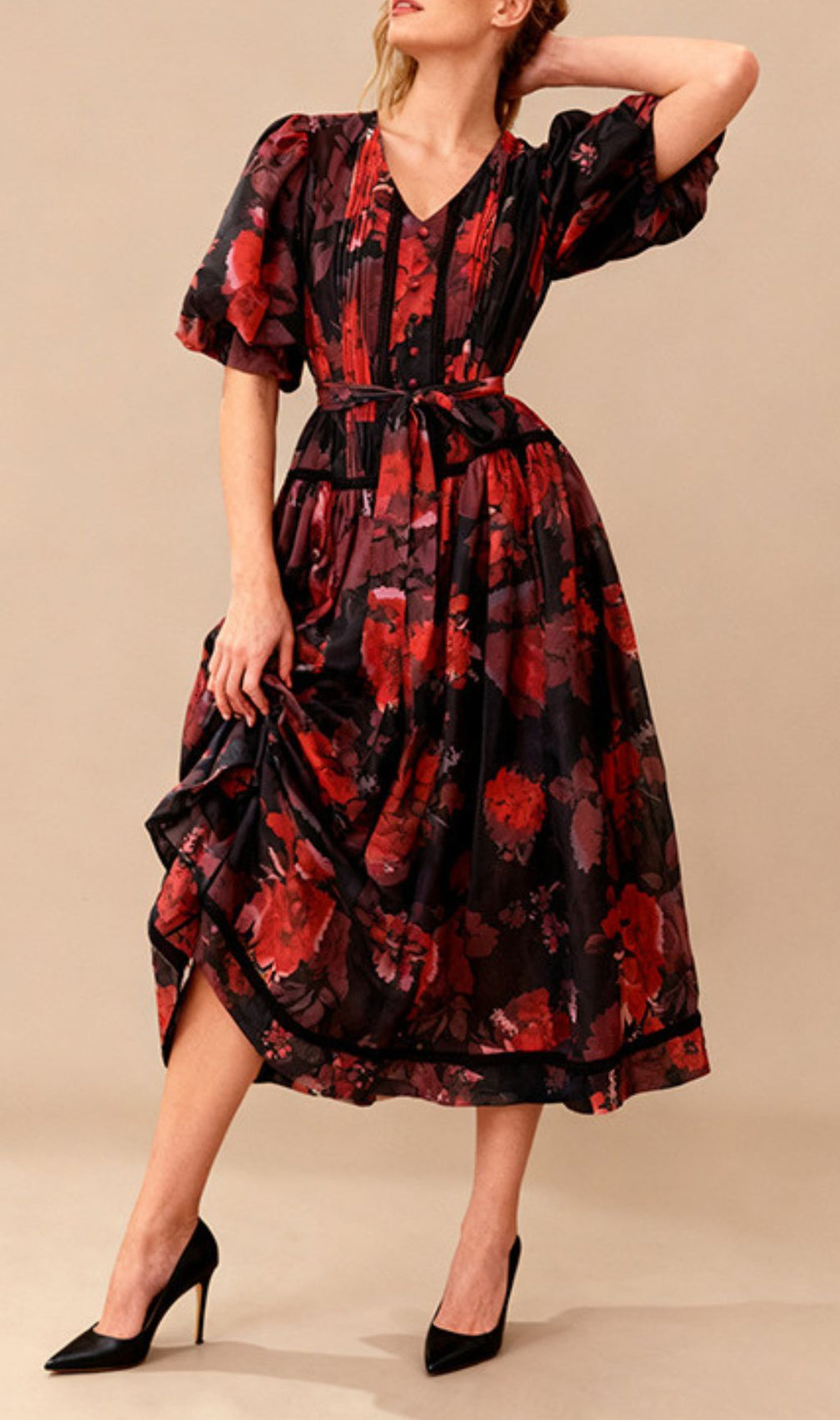 Indah Vibrant Floral Puff-Sleeve Midi Dress – Green & Black Print