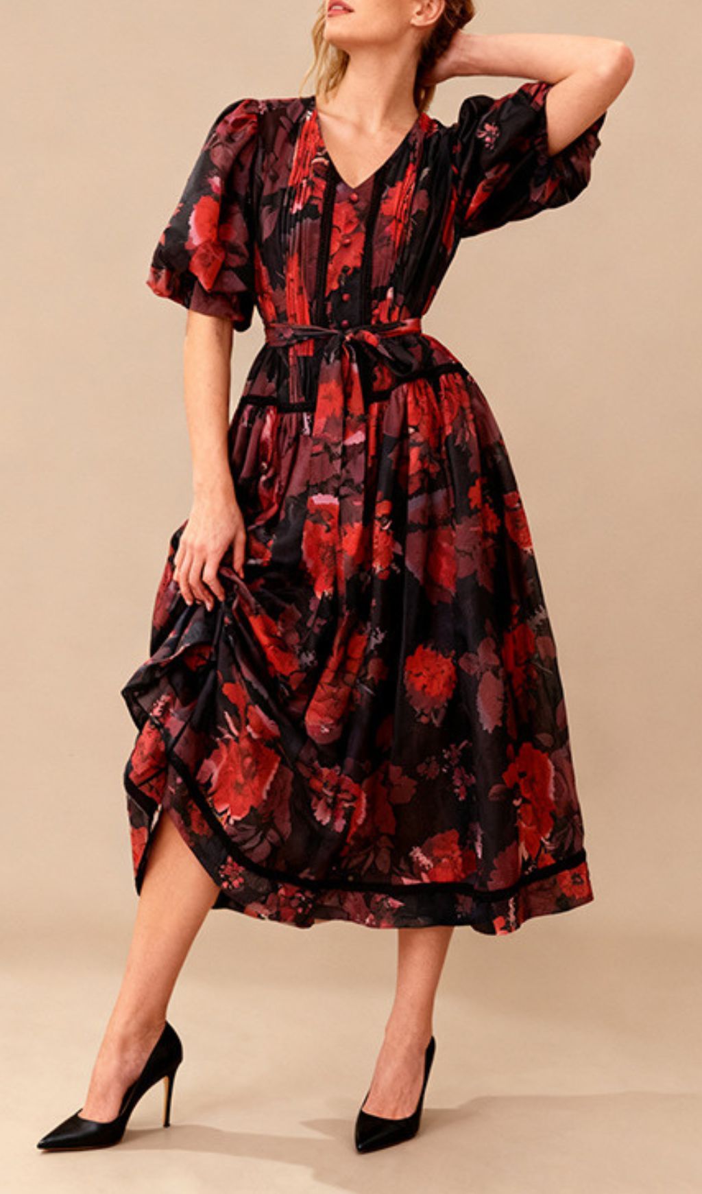 Indah Vibrant Floral Puff-Sleeve Midi Dress – Green & Black Print