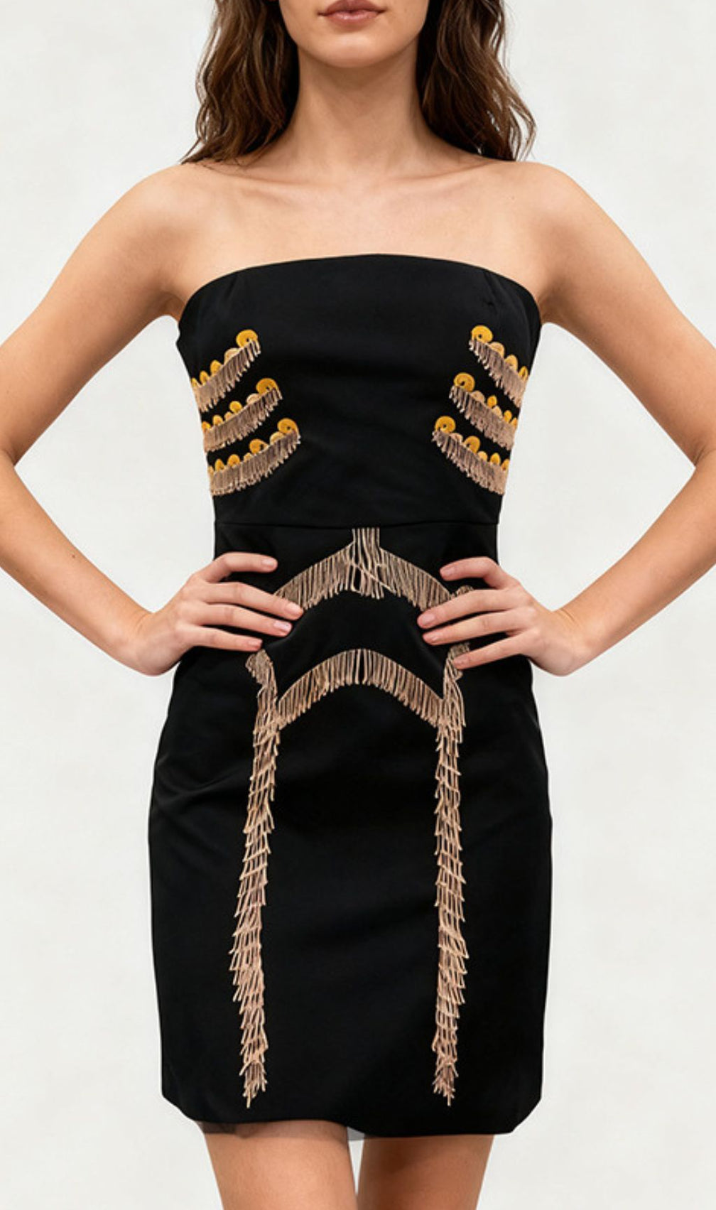 Julissa Black Strapless Tassel Mini Dress | Chic Fringe Bodycon Party Style