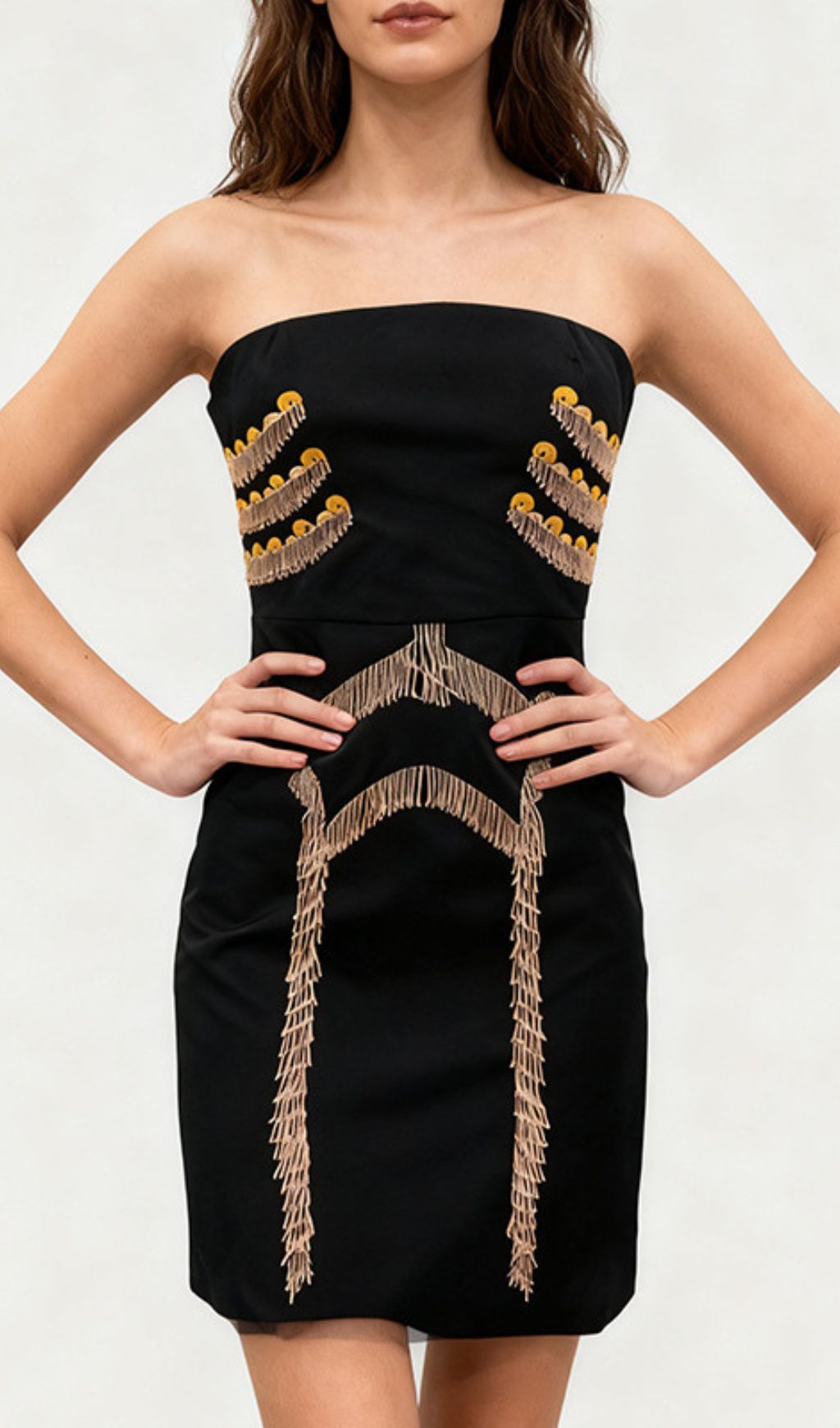 Julissa Black Strapless Tassel Mini Dress | Chic Fringe Bodycon Party Style