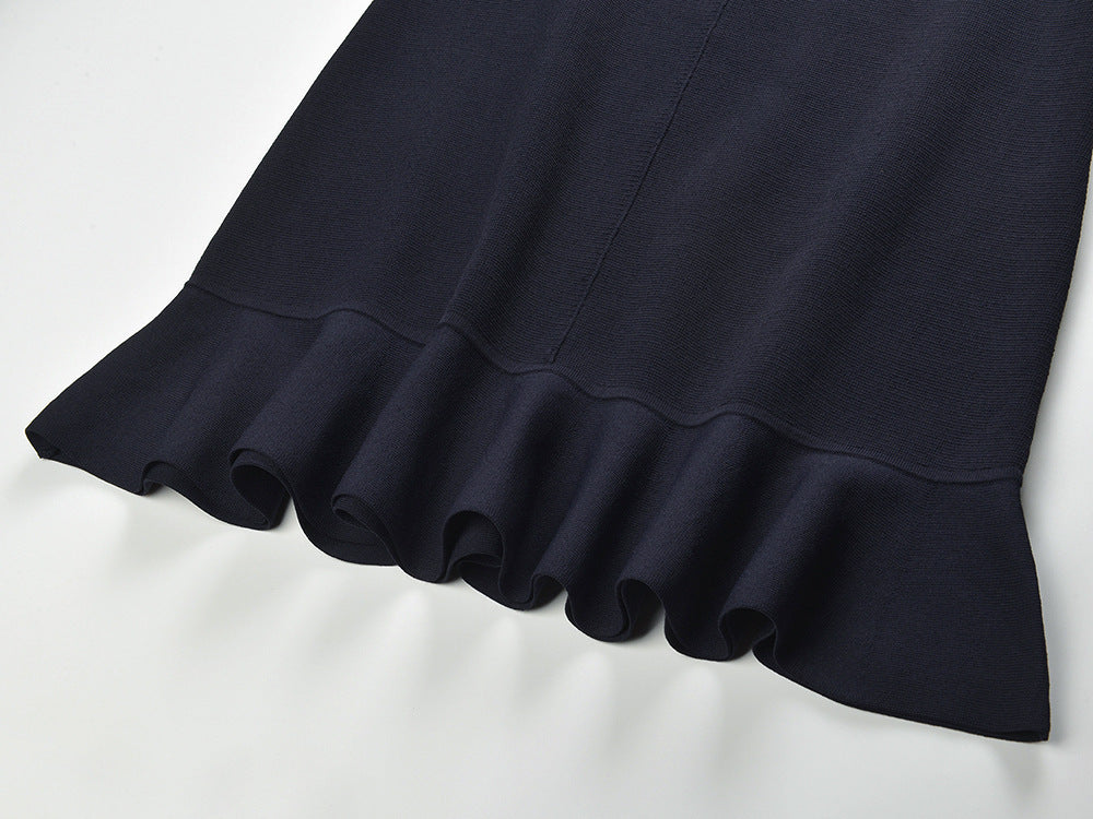 Chic Contrast Trim Short Sleeve Knit Dress | Ruffle Hem Mini Style