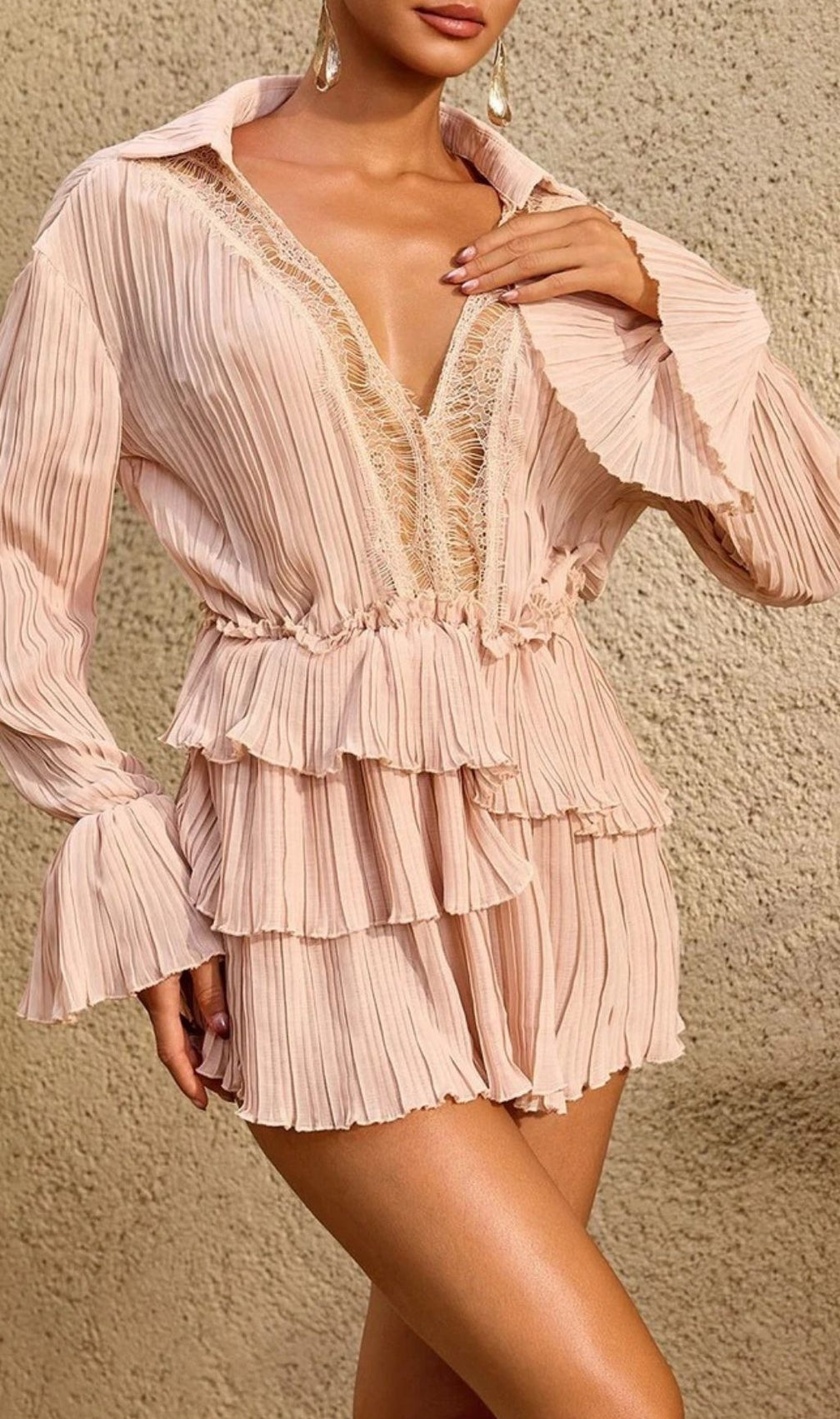 Lorthane Plunge Neck Pleated Tiered Mini Dress