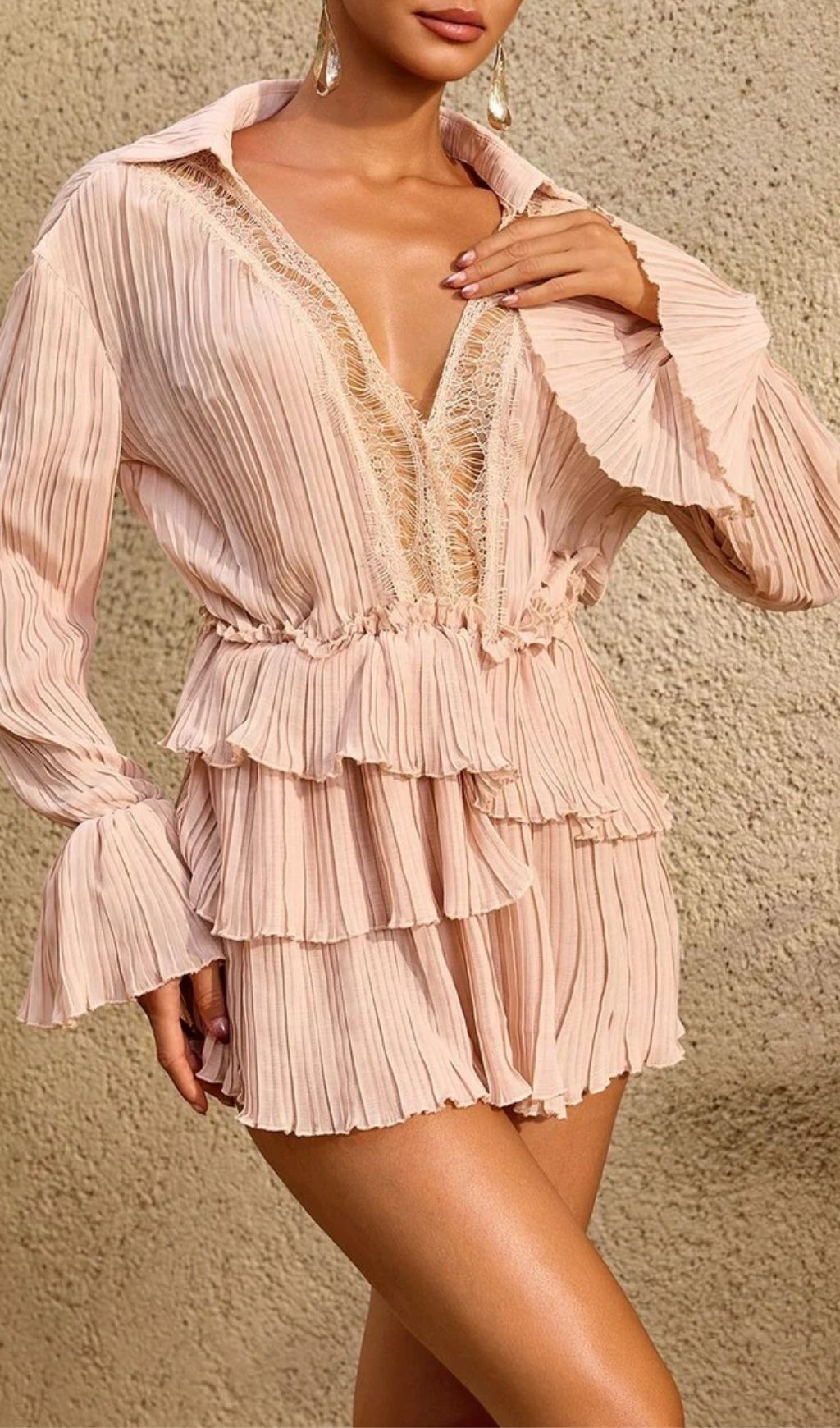 Lorthane Plunge Neck Pleated Tiered Mini Dress