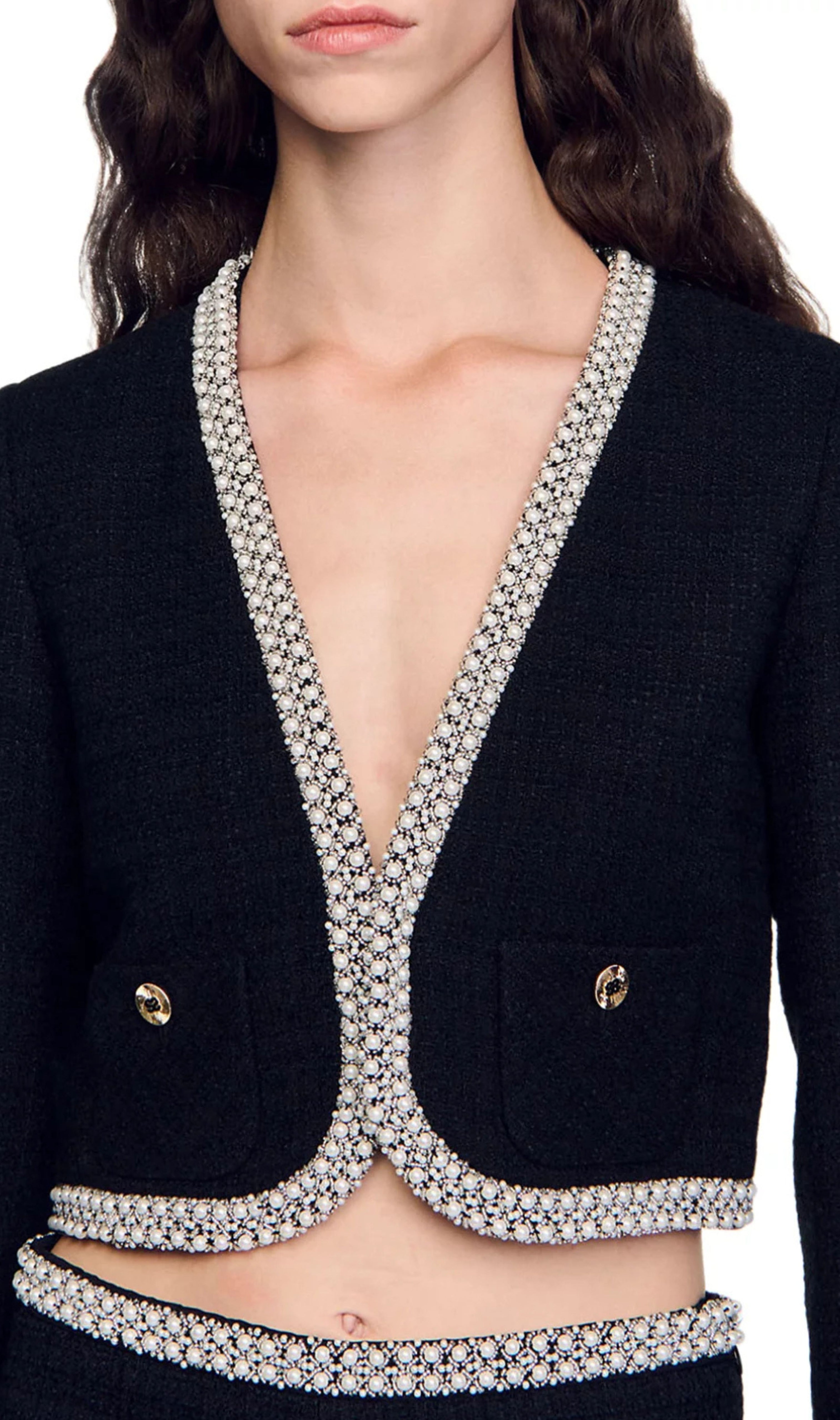 Bead Trim Cropped Tweed Jacket