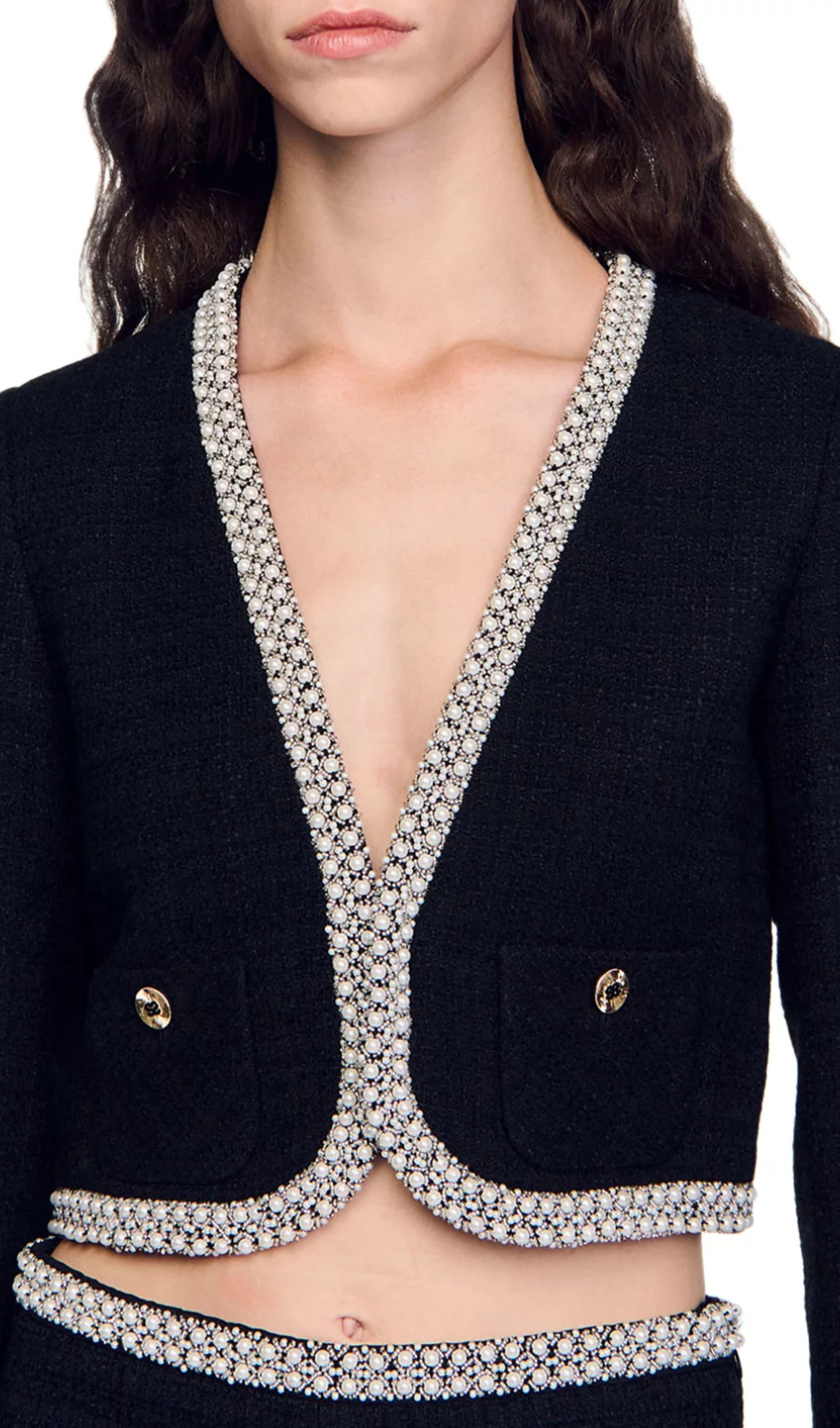 Bead Trim Cropped Tweed Jacket