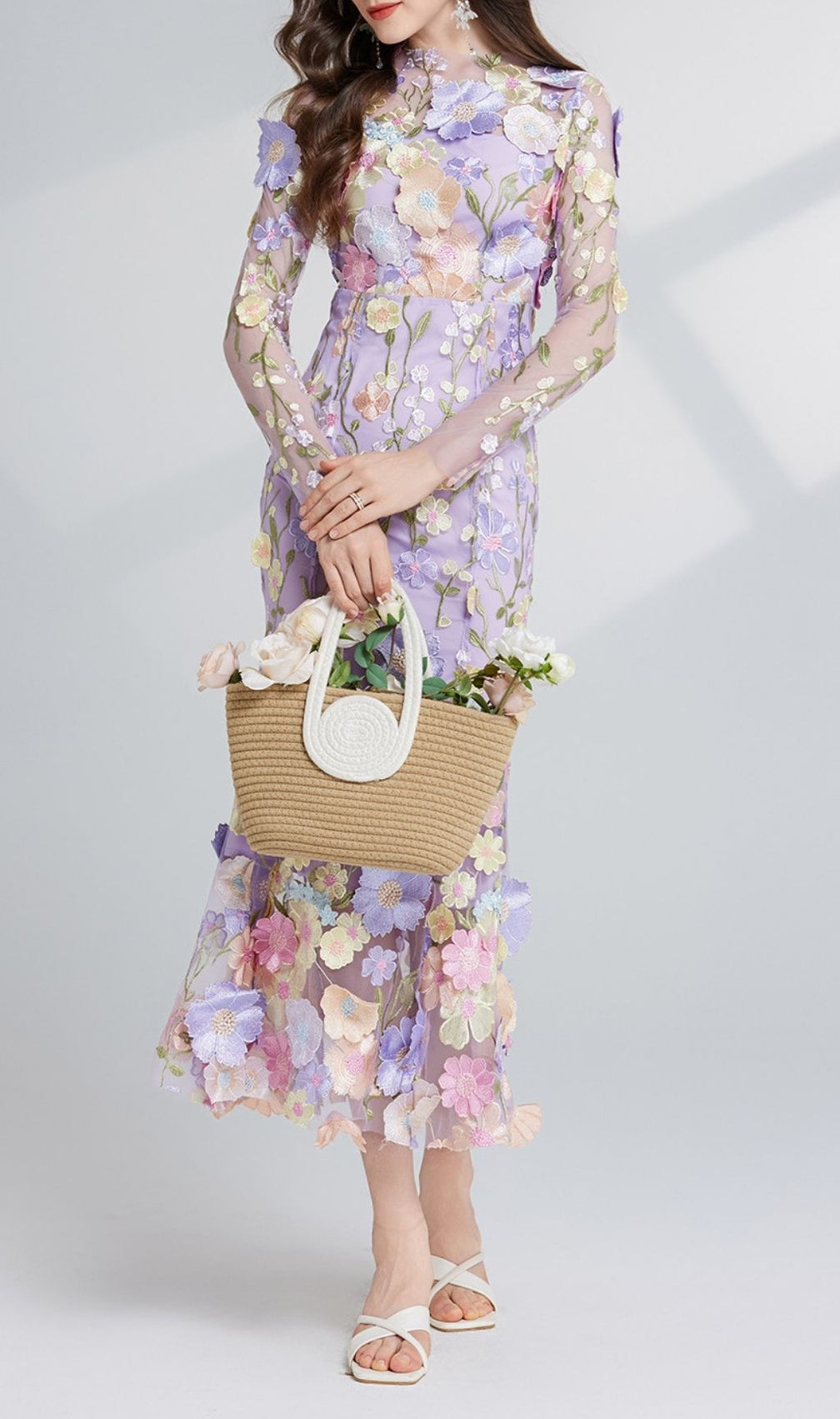 Carol Purple Floral Embroidery Mesh Fishtail Long Sleeve Midi Dress