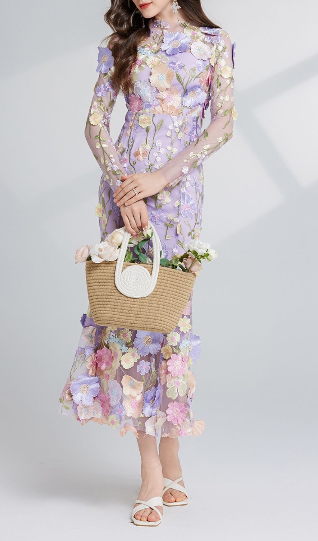 Carol Purple Floral Embroidery Mesh Fishtail Long Sleeve Midi Dress