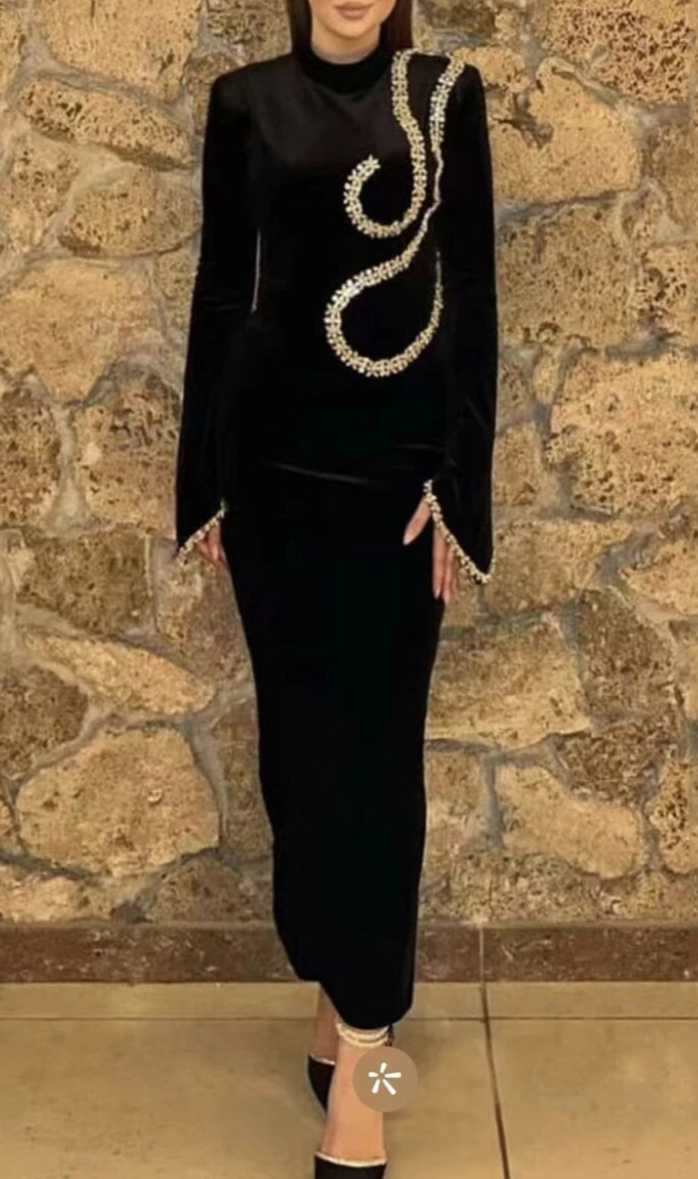 Bronagh Black Long Sleeve Crystal Embellished Midi Dress