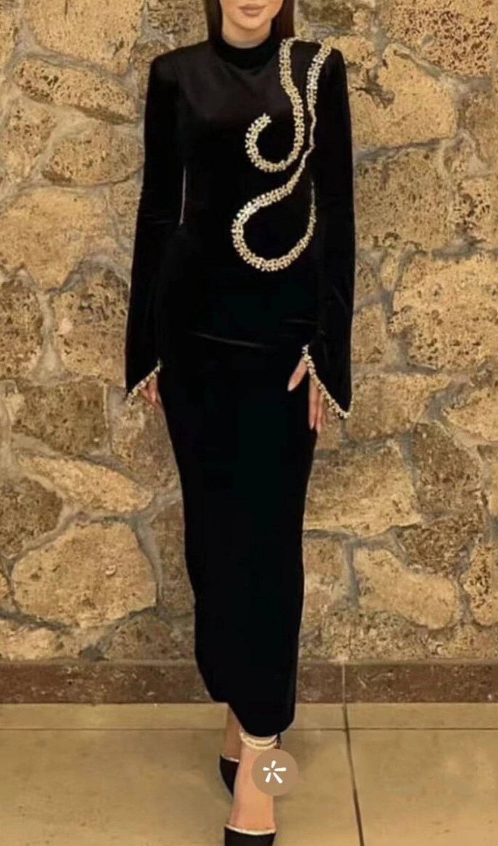 Bronagh Black Long Sleeve Crystal Embellished Midi Dress