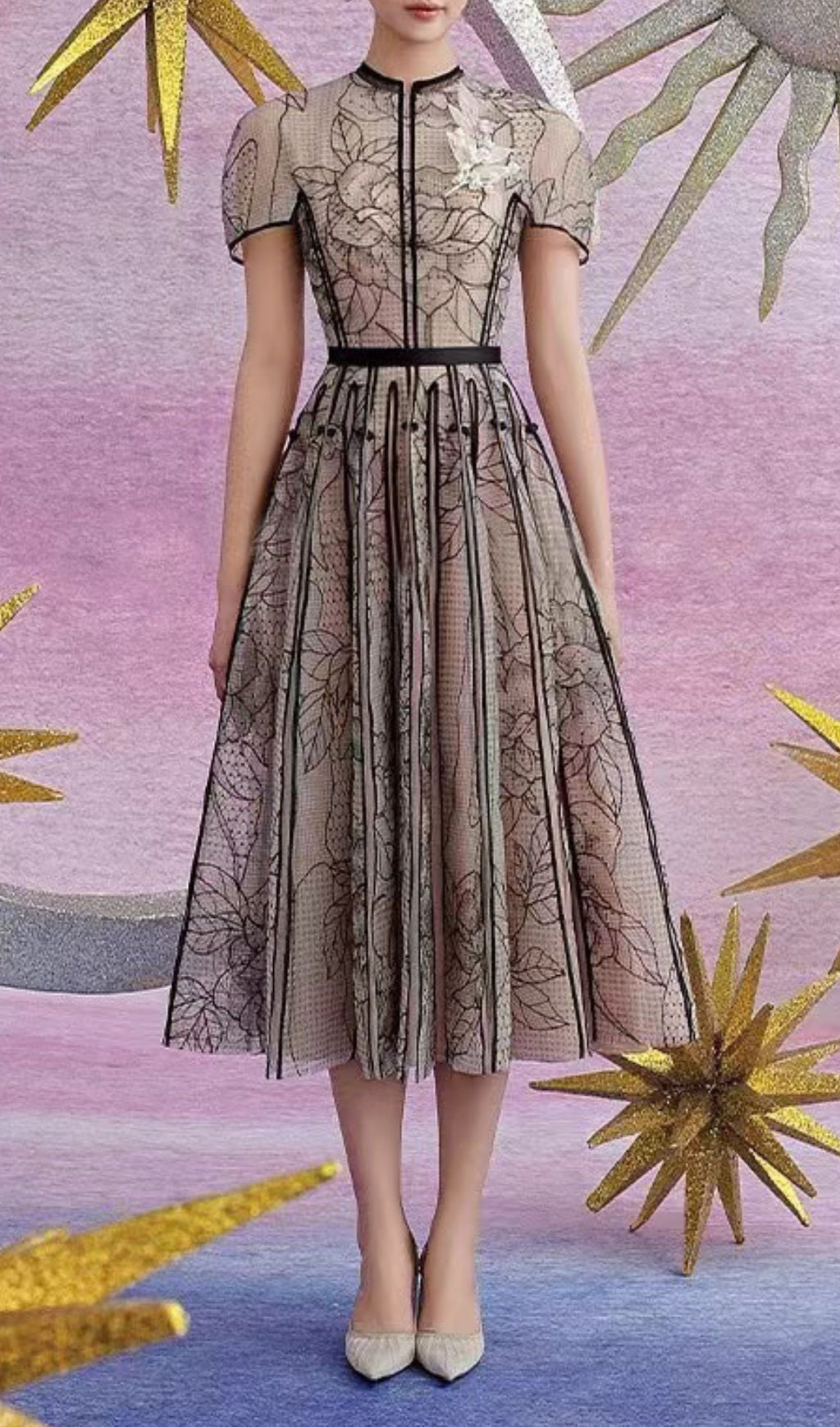 Ariya Embroidery Lace Midi Dress