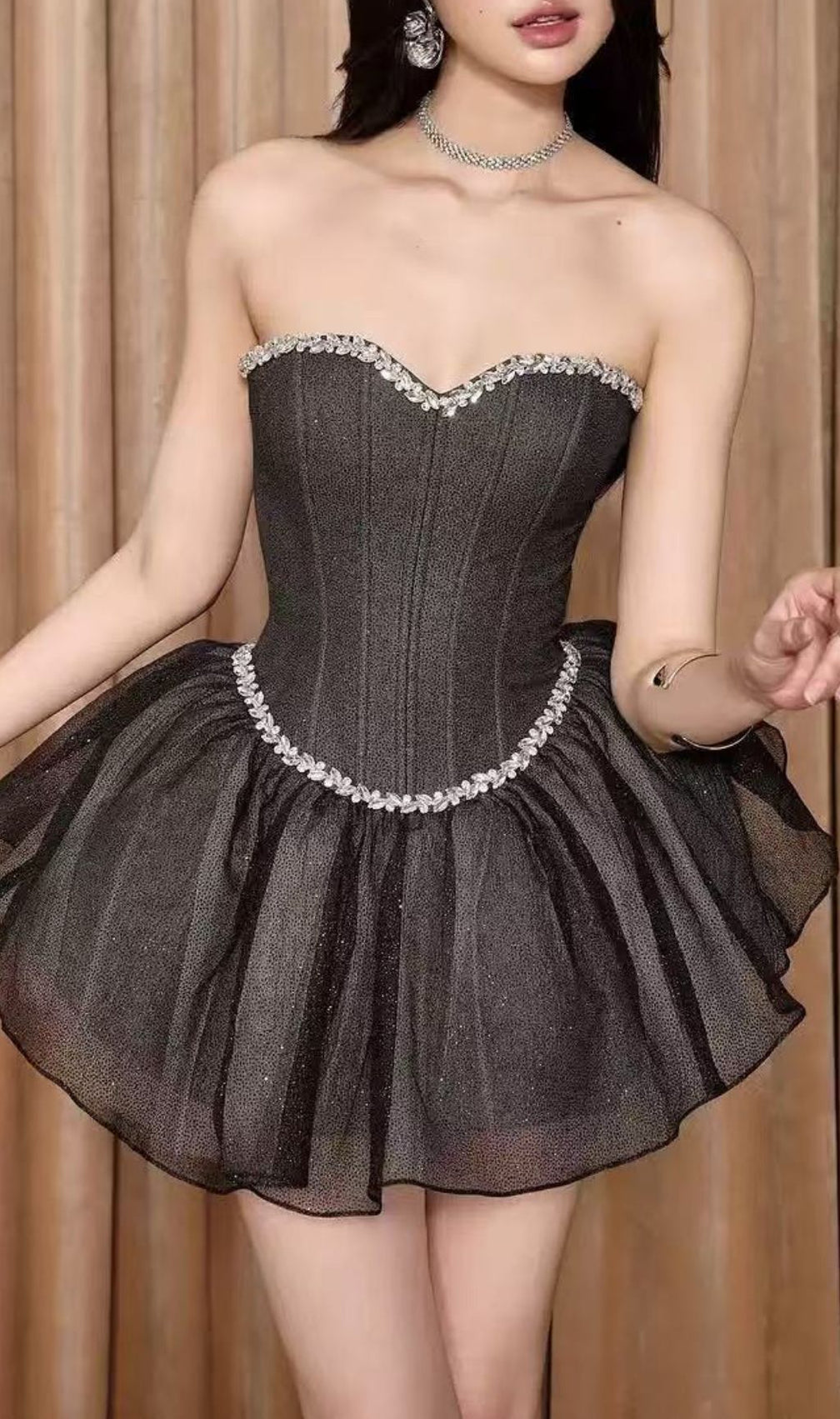Iowa Sparkle Strapless Corset Mesh Mini Dress - Black Glam
