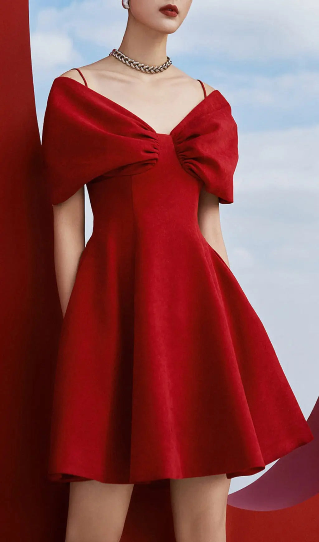 Red Off Shoulder Pleated A Line Dress