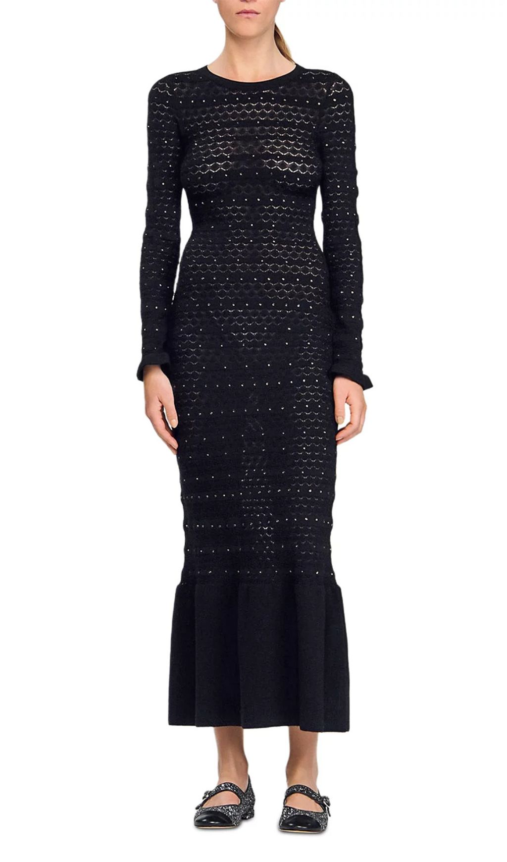 Glamorous Rhinestone Knit Maxi Dress with Ruffle Hem