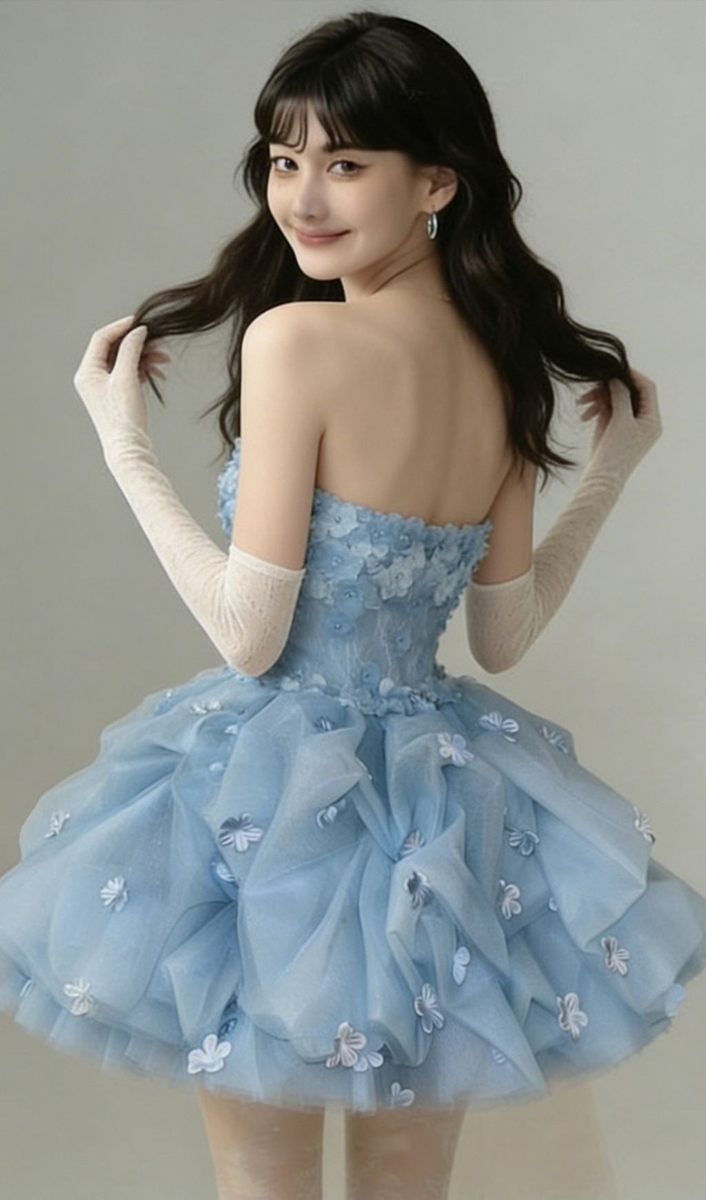 Krista Blue Strapless Flower Mini Dress