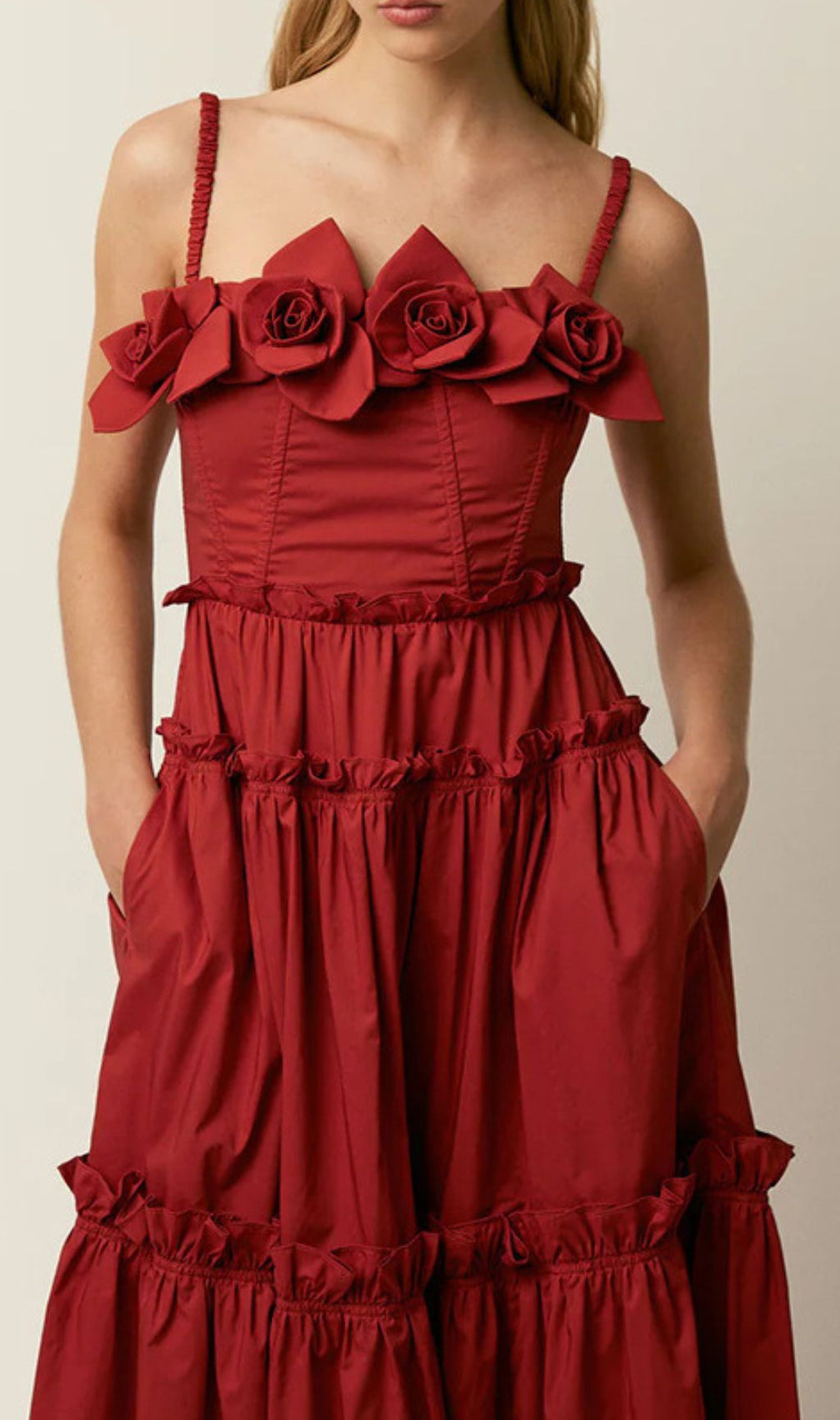 Higgins Vibrant Red Tiered Midi Dress with 3D Floral Bust Appliqués